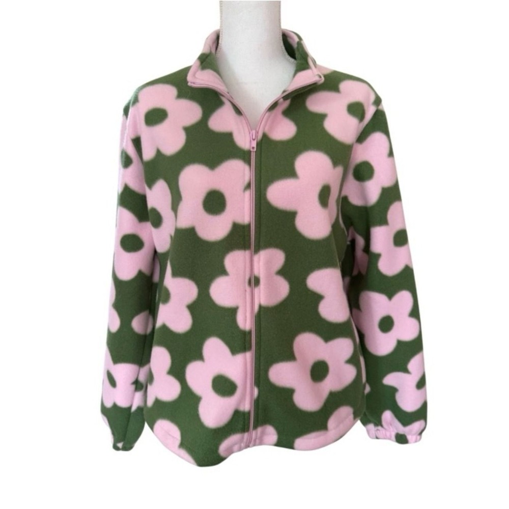 Better Unsaid Women's Green Pink Flower Fleece Jacket Size Large NWT